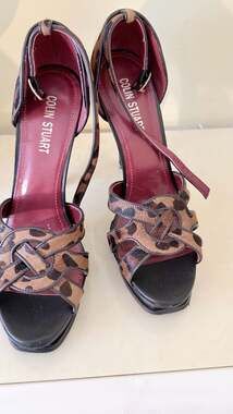 Colin Stuart Leopard Print Calf Hair Ankle Strap Platform Heels